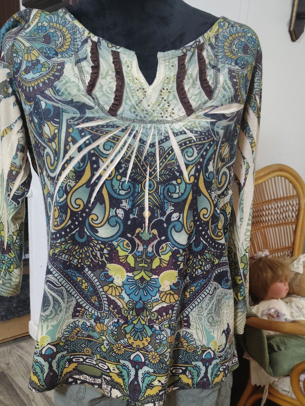 live and let live Vintage Women's Paisley Tunic Top - Teal, Yellow, Cream, Black